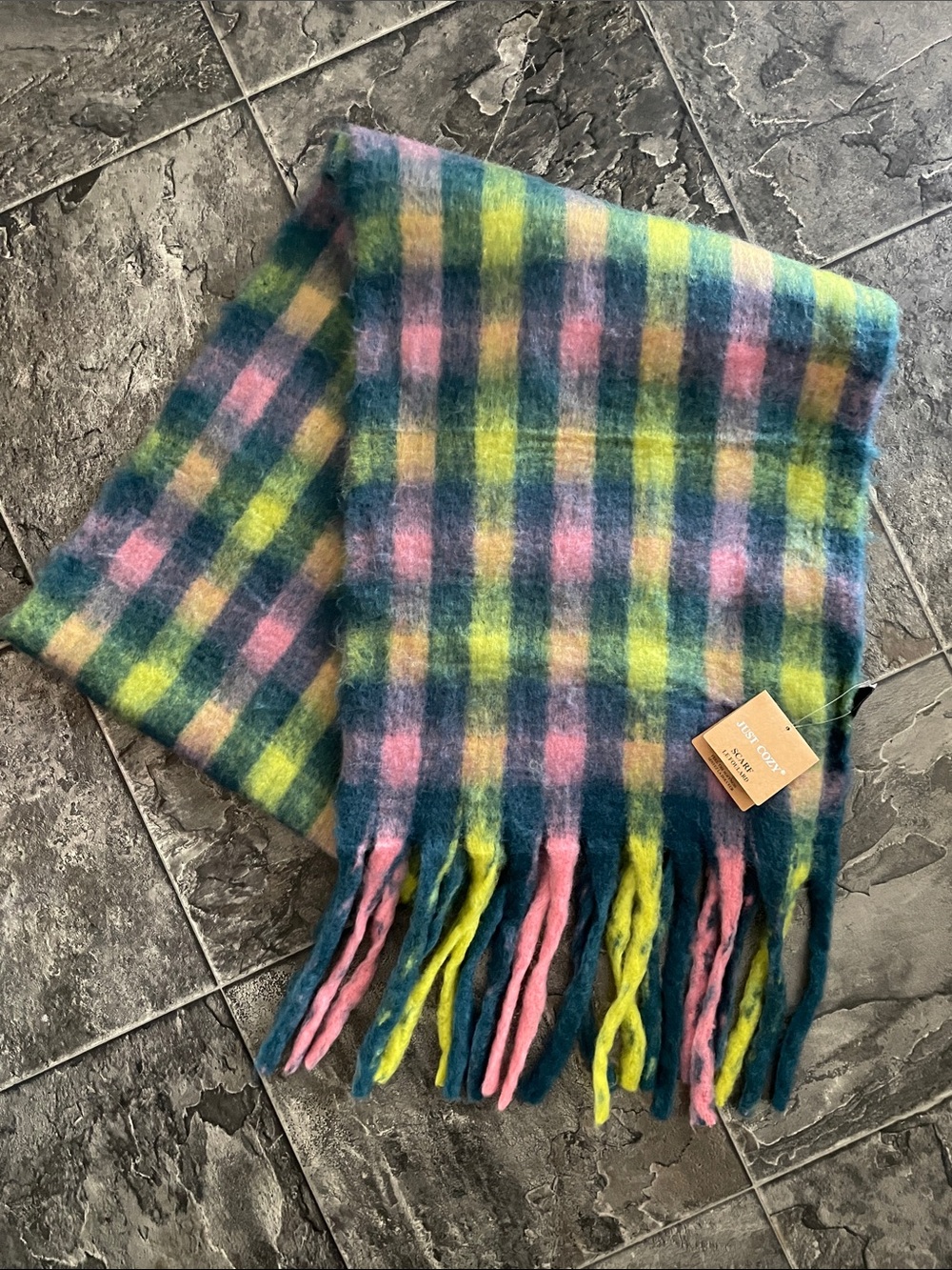 ⭐️NWT JUST COZY Vibrant Plaid Fringe Fun Cottagecore Scarf - Pink, Blue & Yellow